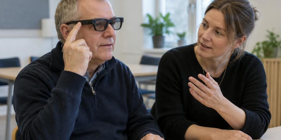 Cilvēks apgūst viedo briļļu lietošanu kopā ar instruktori mācību telpā