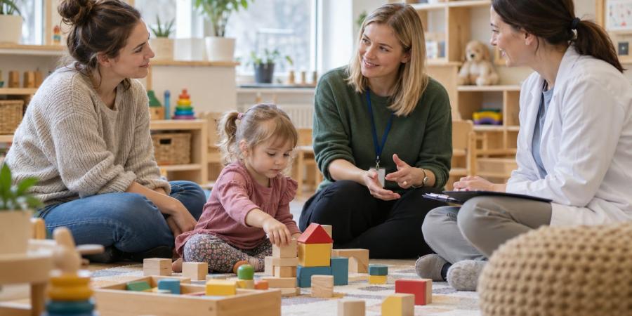 Bērns rotaļājas ar klucīšiem, kamēr vecāks, pedagoģe un veselības speciāliste sarunājas