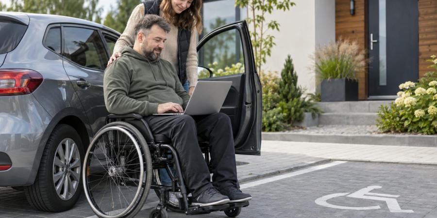 Cilvēks riteņkrēslā pie automašīnas lieto datoru kopā ar atbalsta personu