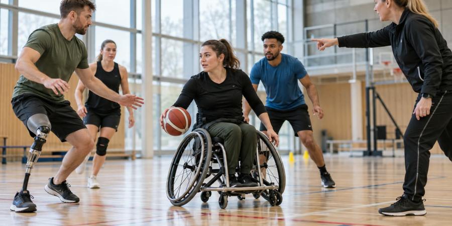 Parasportisti kopā ar treneri izpilda bumbas vingrinājumu gaišā un pieejamā sporta zālē.