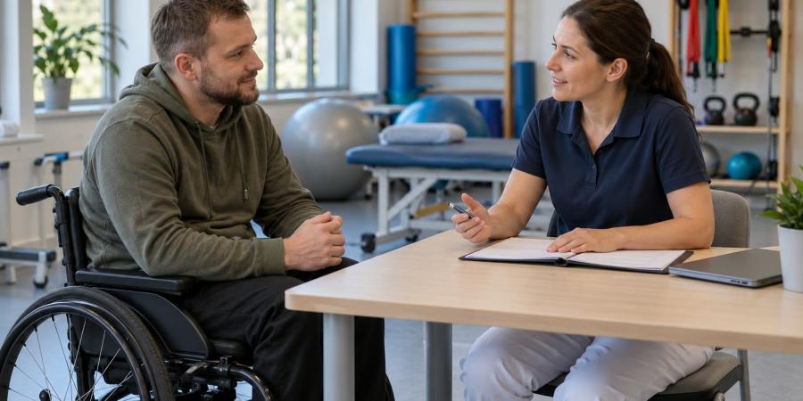 Cilvēks riteņkrēslā rehabilitācijas kabinetā pārrunā individuālo plānu ar speciālisti