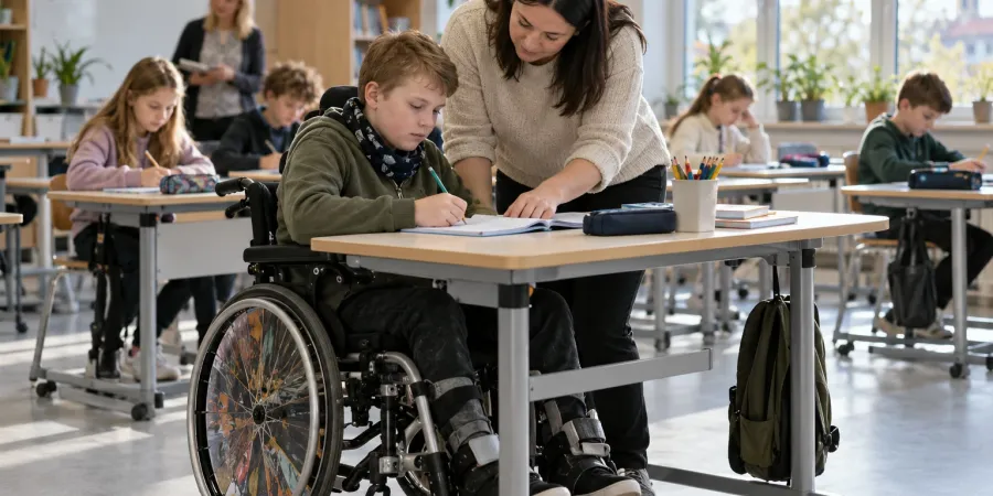 Skolēns riteņkrēslā pilda uzdevumu klasē, kamēr asistente palīdz pie mācību galda
