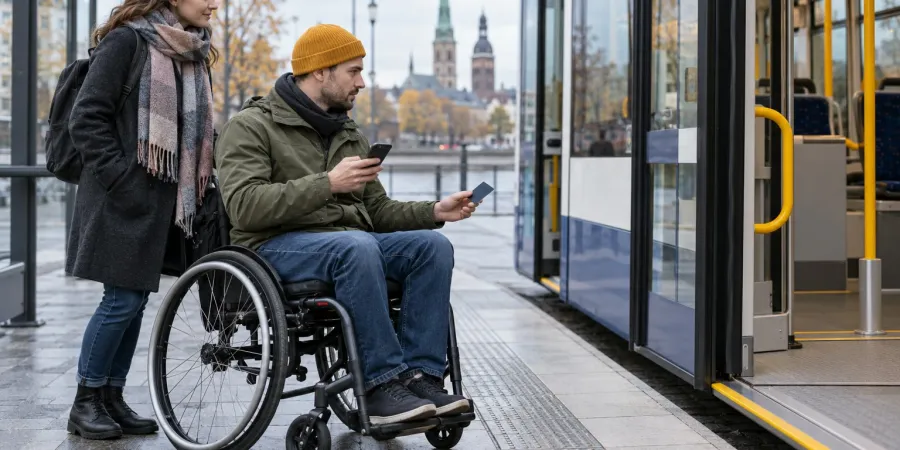 Vīrietis riteņkrēslā ar transporta karti un tālruni gatavojas iekāpt zemās grīdas sabiedriskajā transportā.