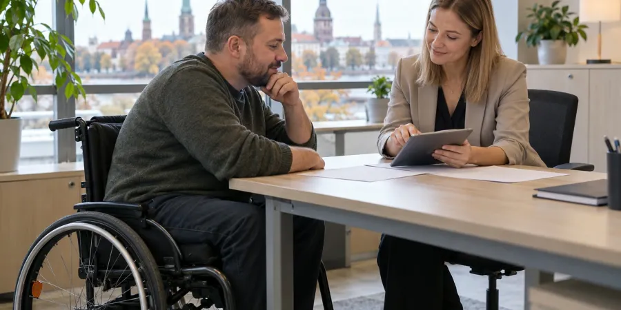 Vīrietis riteņkrēslā kopā ar sociālo darbinieci pie pieejama galda pārrunā plānu planšetē.