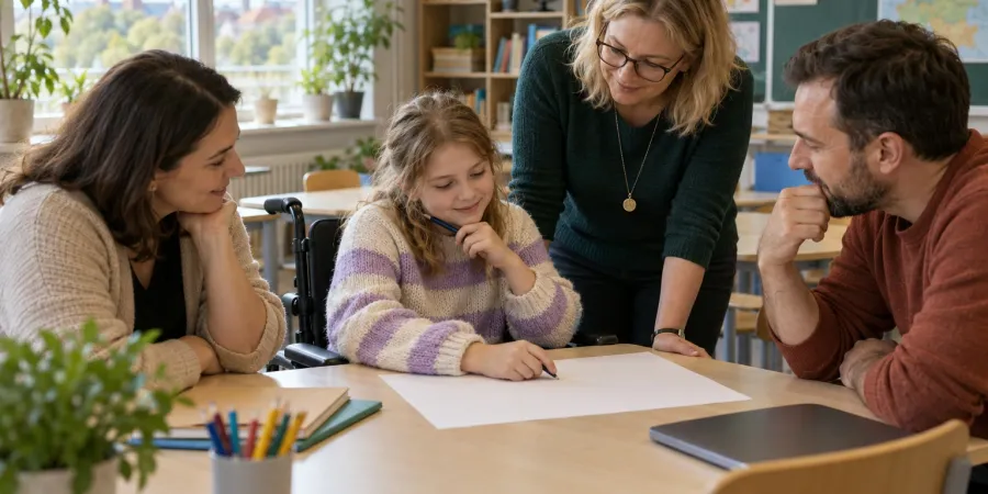 Skolniece riteņkrēslā kopā ar ģimeni un skolas speciālistiem pārrunā mācību plānu klasē.