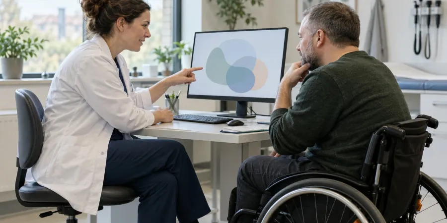 Ārste un pacients riteņkrēslā kopīgi pārrunā informāciju datora ekrānā