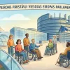 Cilvēki ratiņkrēslos pie Eiropas Parlamenta, lidmašīna fonā.