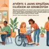 Cilvēki centrā socializējas, daži pie galda, citi ar suni, veidojot draudzīgu vidi.