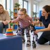 Meitene ar staigāšanas palīgierīci rehabilitācijas nodarbībā sniedzas pēc krāsaina riņķa