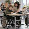 Skolēns riteņkrēslā pilda uzdevumu klasē, kamēr asistente palīdz pie mācību galda