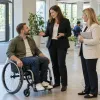 Darba meklētājs riteņkrēslā sarunājas ar darba devēju un NVA konsultanti gaišā birojā