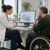 Ārste un pacients riteņkrēslā kopīgi pārrunā informāciju datora ekrānā